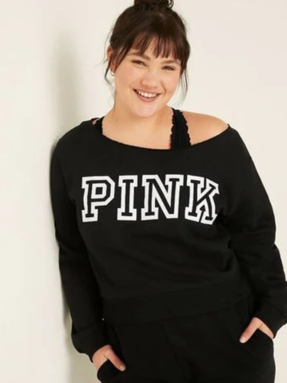 PINK Victoria's Secret Black Off-the-Shoulder Logo Sweatshirt